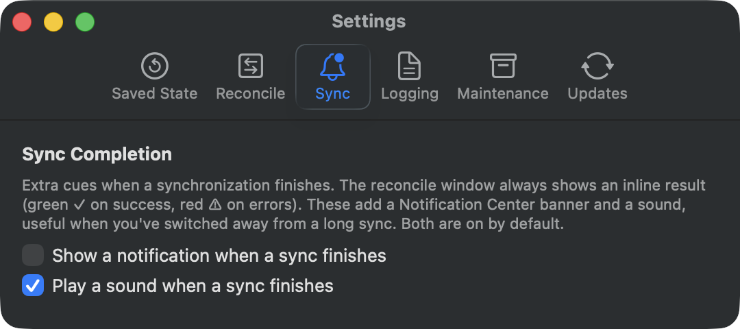 Settings: notification and sound on sync completion