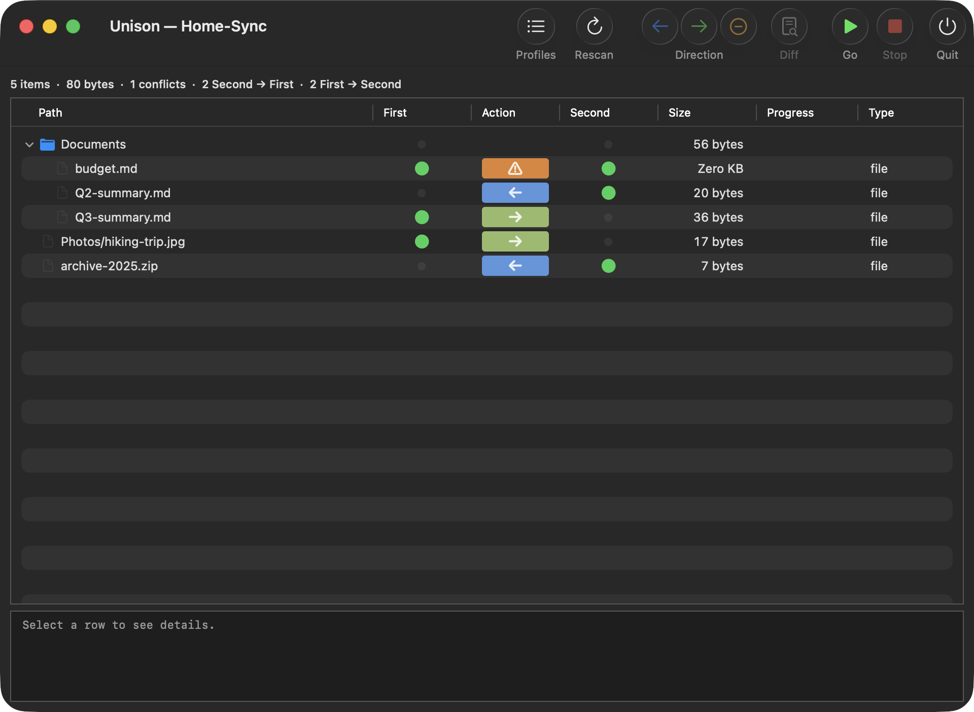 Reviewing changes before a sync, with a conflict and per-item direction